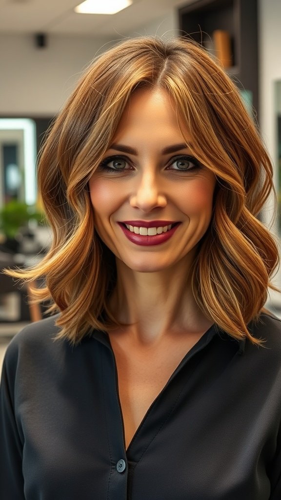 A woman with a jaw-length wavy caramel bob hairstyle, smiling confidently.