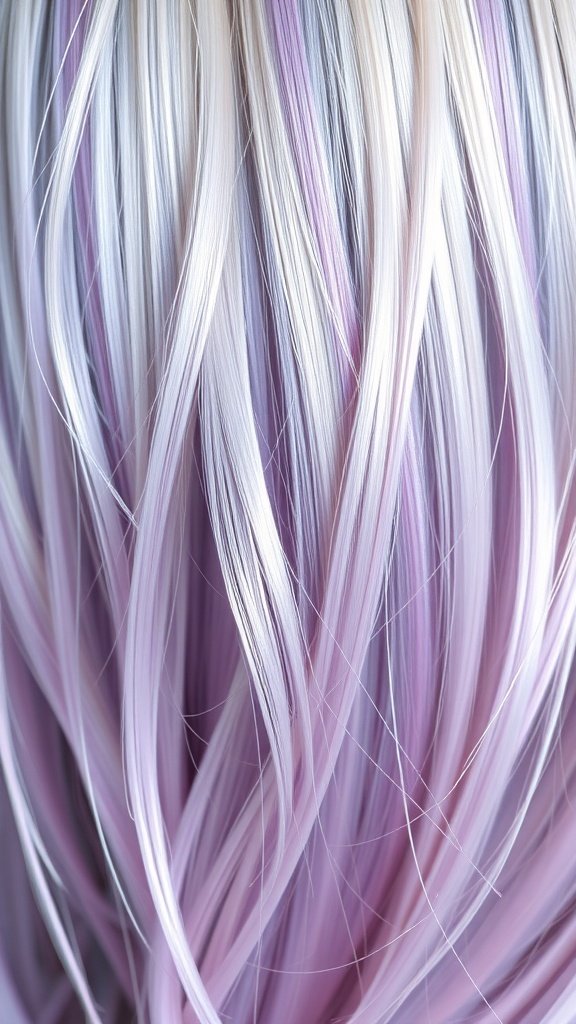 Close-up of hair with lavender streaks on platinum blonde