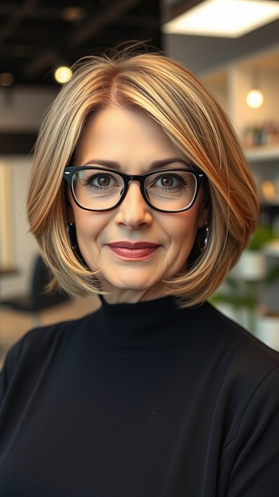 A woman over 50 with a layered bob hairstyle and glasses, showcasing a modern and sophisticated look.