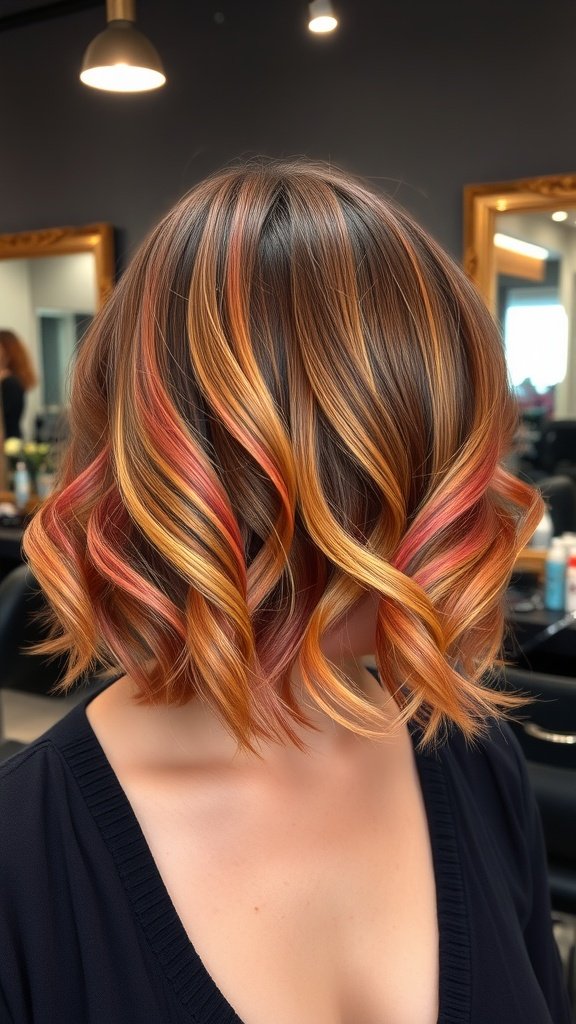Layered box bob hairstyle with soft curls and warm tones