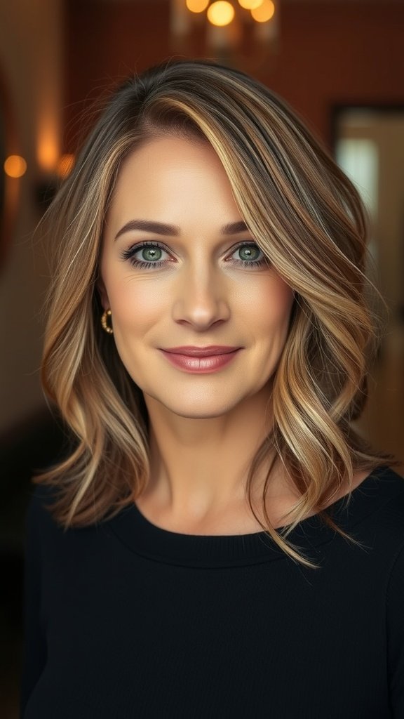 A woman with a lob hairstyle featuring subtle layers, showcasing a youthful and elegant look.