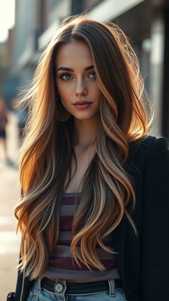 A woman with long layered hair featuring subtle ombre, styled elegantly outdoors.