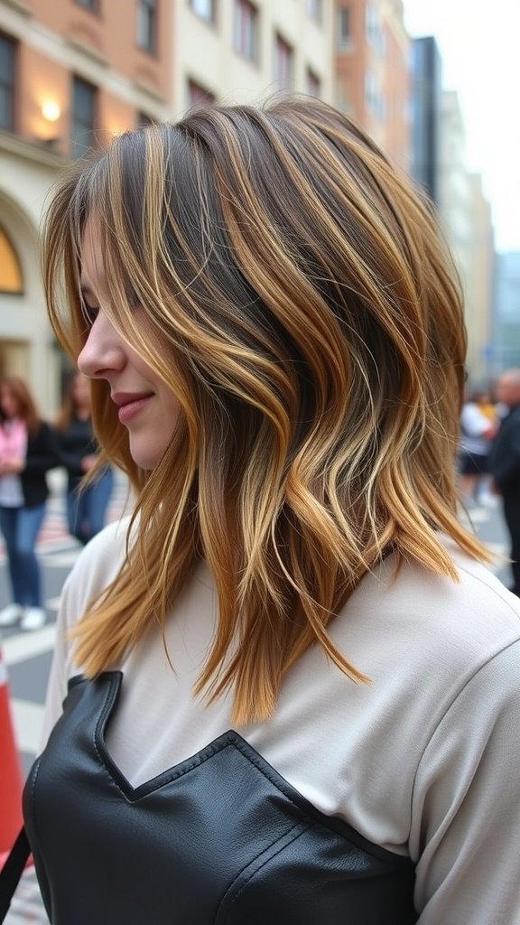 A woman with long shag hairstyle featuring dramatic asymmetrical front and warm highlights.