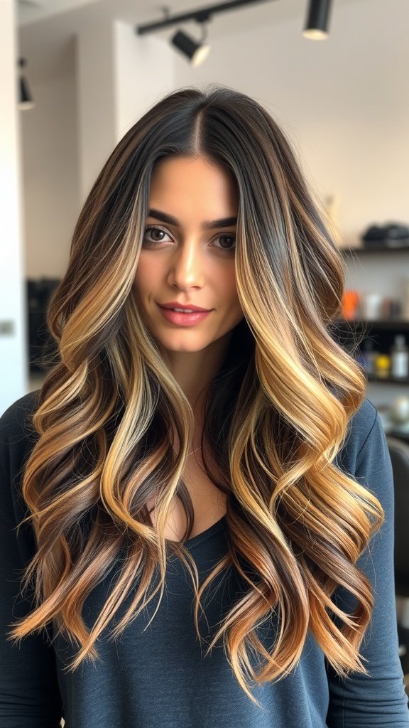 A woman with loose curls and ombre highlights, showcasing a stylish hairstyle.