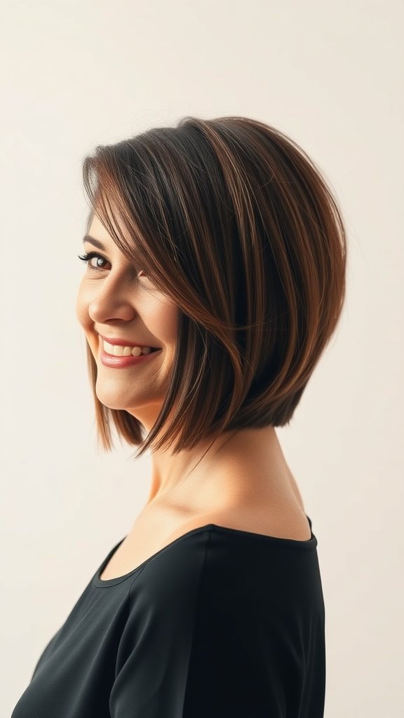 A woman with a mid-length bob hairstyle and side-swept bangs, smiling and looking elegant.
