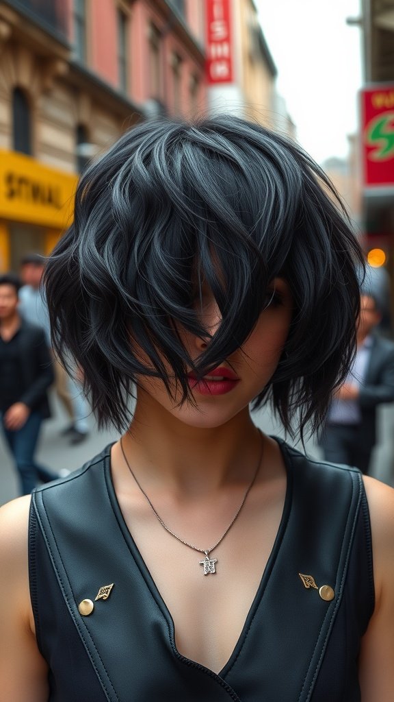 A woman with a mid-length shag haircut in raven black layers, standing in a city street.