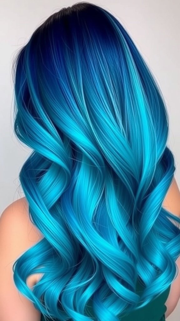 A beautiful hair color transition from midnight blue to turquoise, styled in waves.