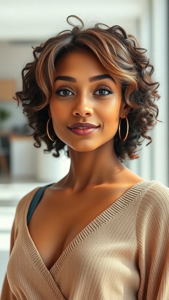A woman with natural curls and side-swept bangs, wearing a beige top and hoop earrings.