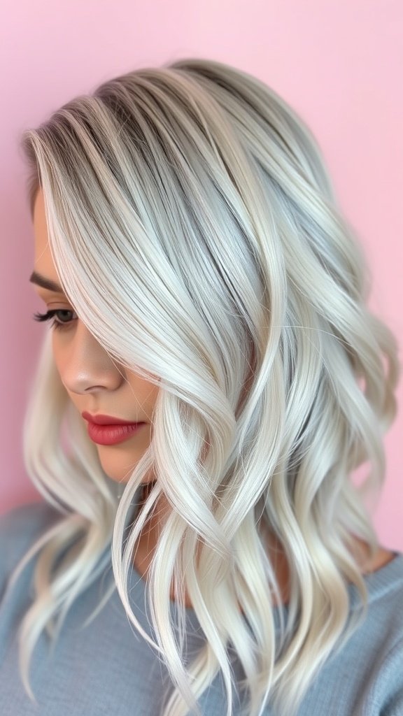 A woman with platinum ash blonde hair styled in soft waves, featuring silver highlights, against a pink background.