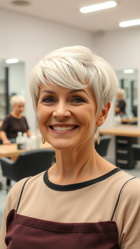 A woman with a platinum blonde pixie cut smiling in a salon setting.