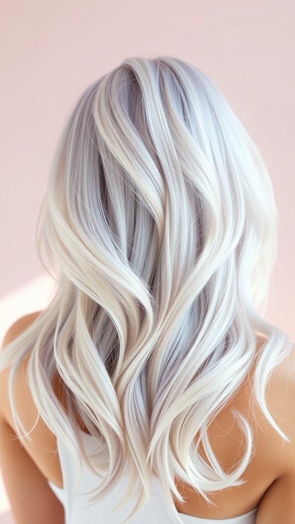 Back view of long, wavy platinum blonde hair with lavender undertones against a soft pink background.