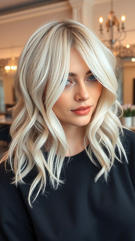 A woman with platinum lob hairstyle featuring loose curls, showcasing a modern and stylish look.