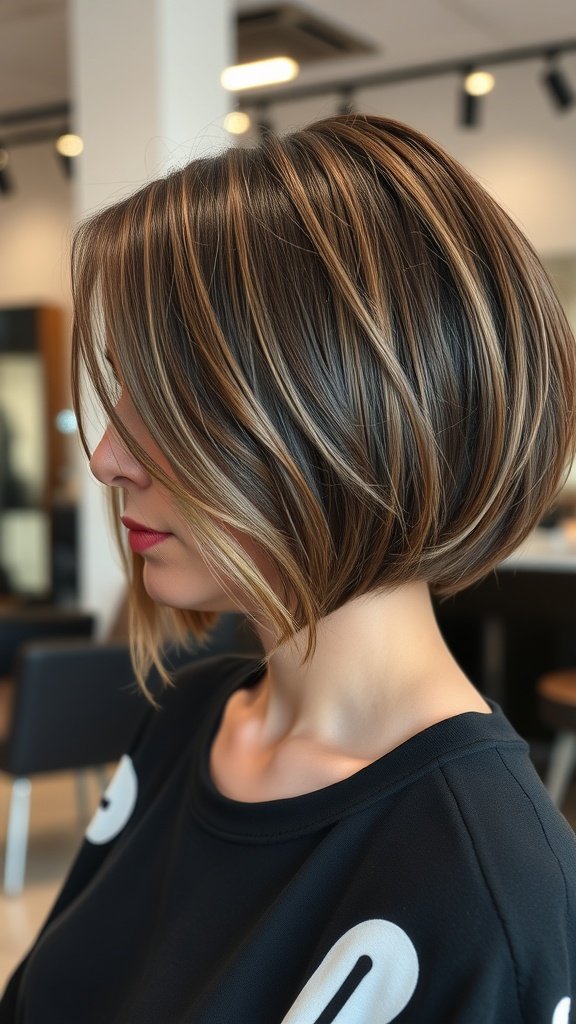 A woman with a razor-textured layered bob haircut, showcasing soft waves and highlights.