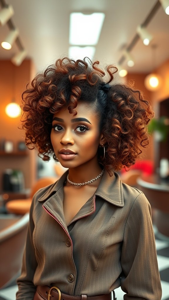 A woman with a retro-inspired tight curly perm, showcasing defined curls and a stylish outfit.