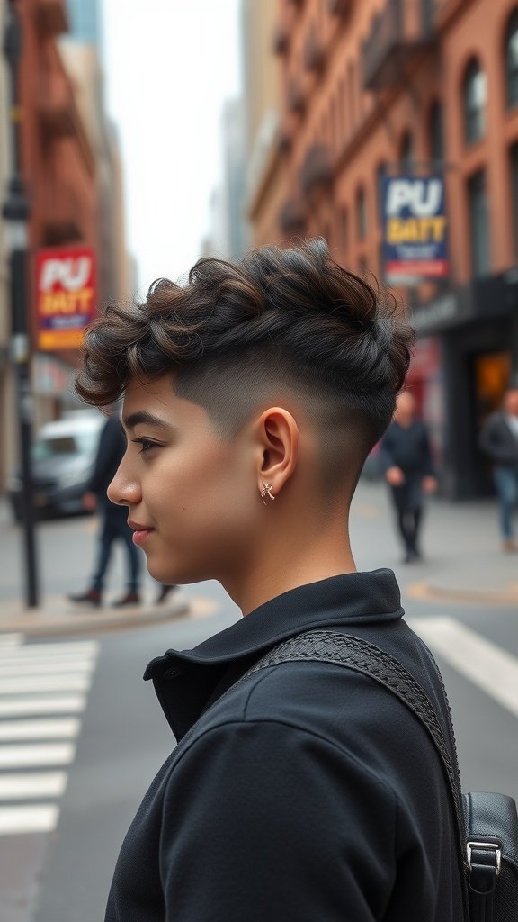 A stylish young person showcasing a ringlet pixie hairstyle with an undercut, standing in an urban setting.