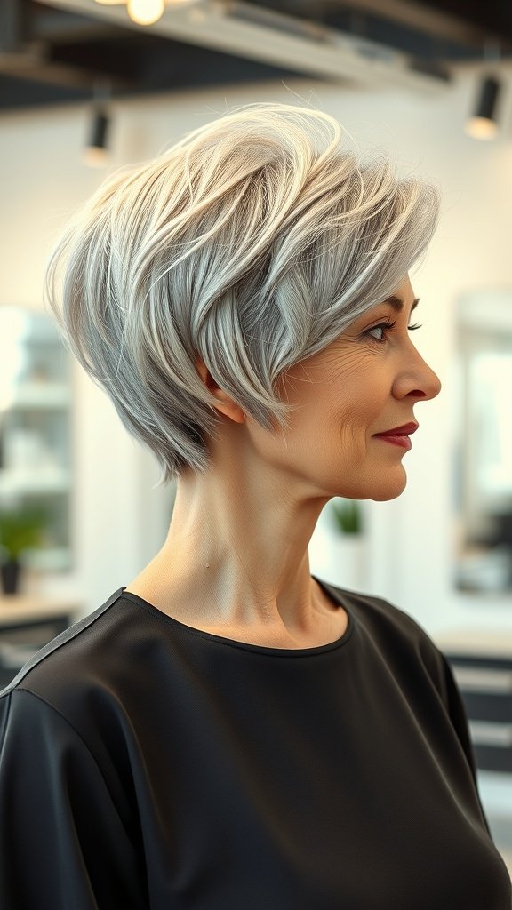 A woman with a rounded layered pixie hairstyle, showcasing fine hair in a stylish manner.