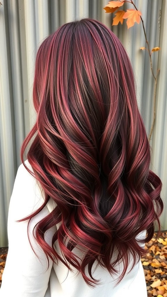 A woman with long, wavy hair featuring ruby red and burgundy balayage.