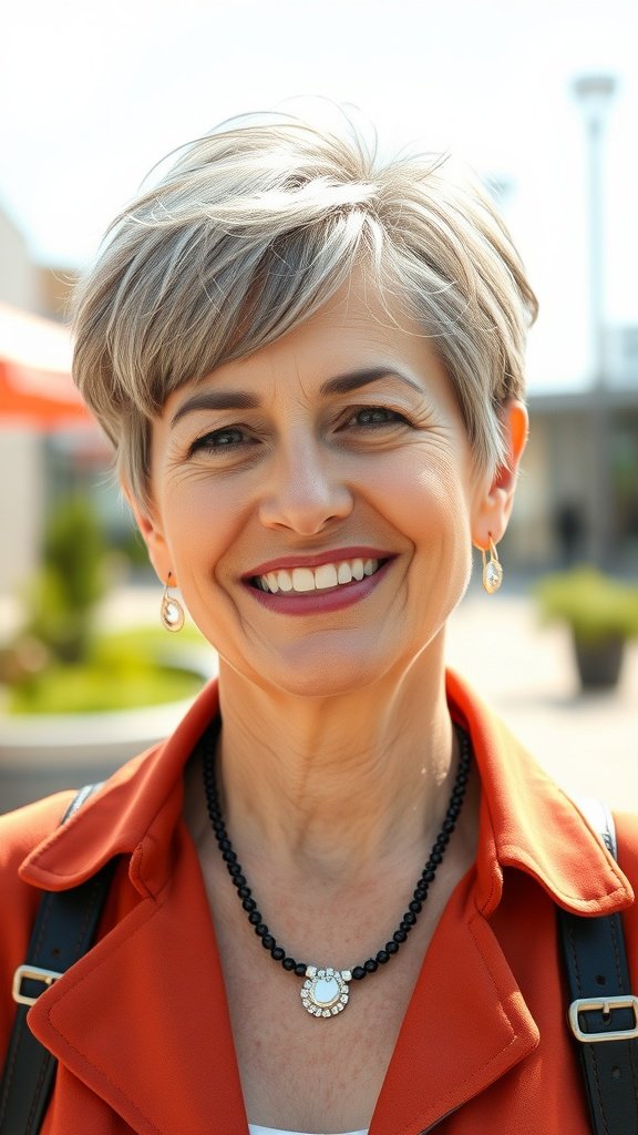 A woman with a salt-and-pepper pixie hairstyle, smiling confidently.