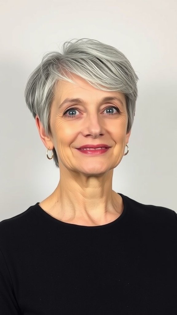 A woman with a salt and pepper layered pixie hairstyle, wearing a black top and smiling.