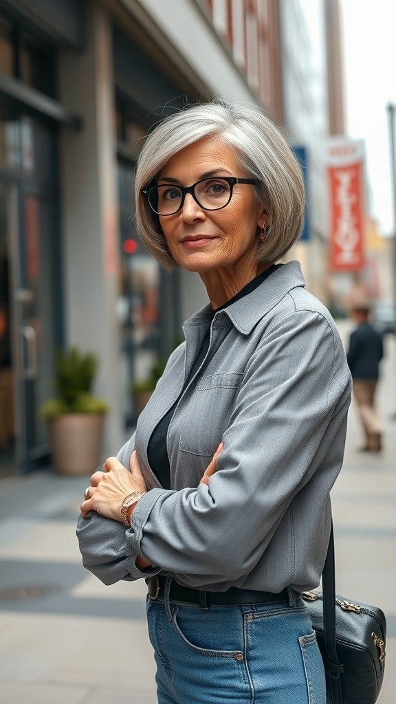 A woman with a short salt-and-pepper bob hairstyle, wearing glasses and a stylish outfit, standing confidently outdoors.