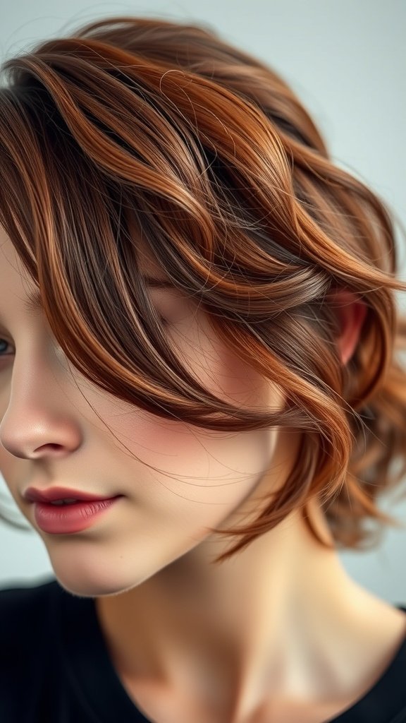 A close-up of a woman with wavy auburn hair and dark roots, showcasing a stylish and vibrant hairstyle.