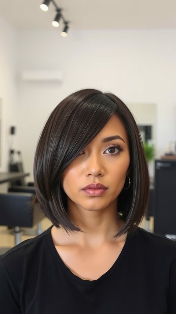 A woman with a sleek espresso bob hairstyle featuring side-swept bangs.