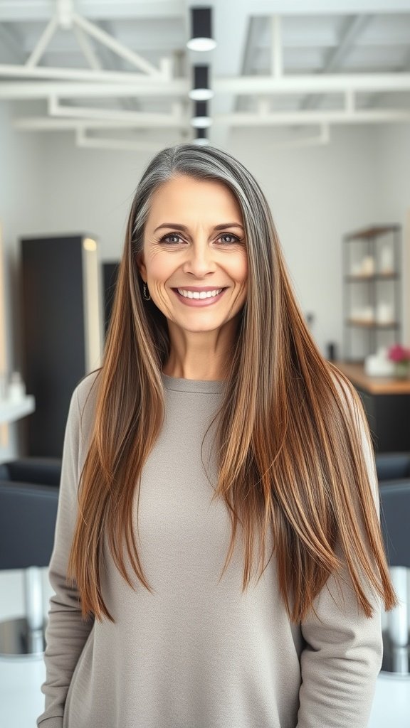 A woman with long, sleek straight hair and a center parting, smiling in a modern salon setting.