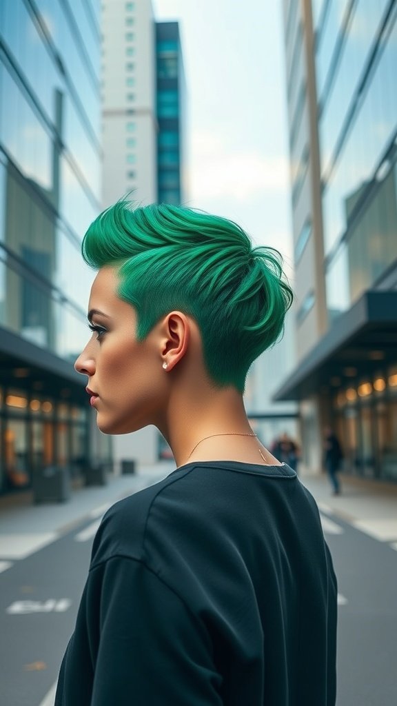 A person with a slicked-back emerald bixie cut, standing in an urban setting.