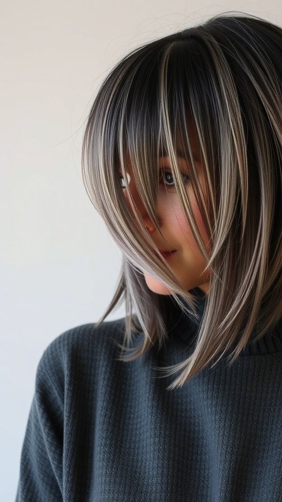 A woman with a smoky gray layered bob hairstyle, showcasing dark hair with gray highlights.