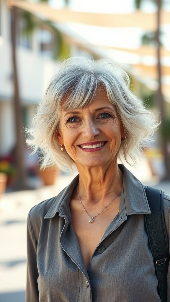 A woman with soft waves and wispy bangs, smiling outdoors.