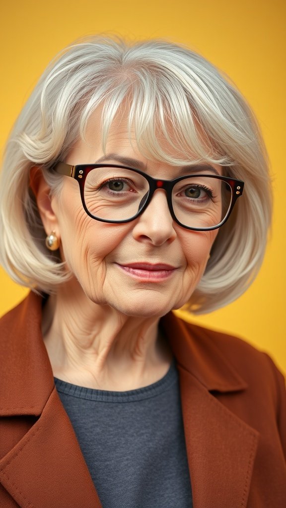 A woman over 70 with a soft wavy lob and side-swept bangs, wearing glasses and a stylish outfit.