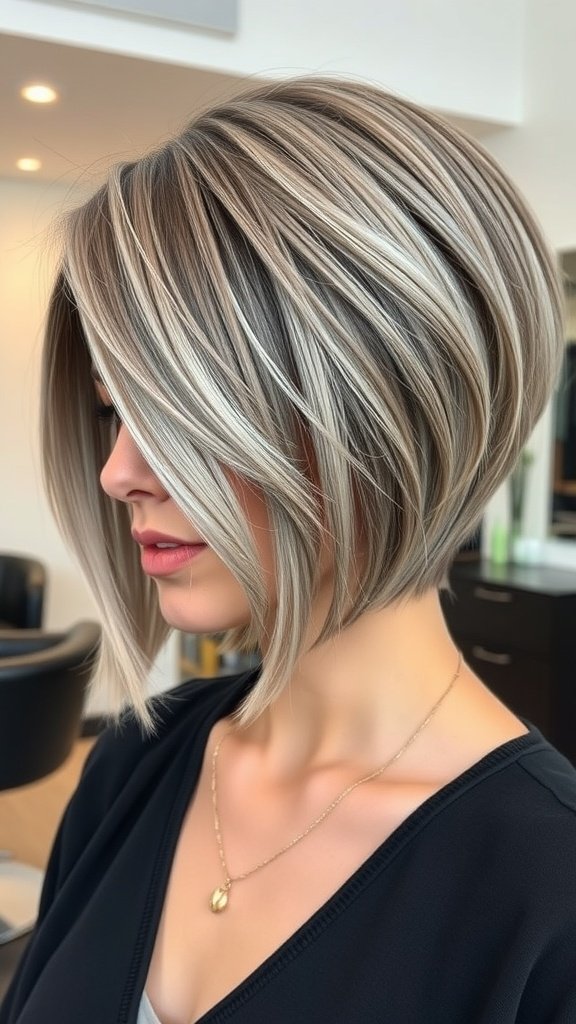 A stylish stacked bob hairstyle with textured layers, showcasing beautiful gray tones.
