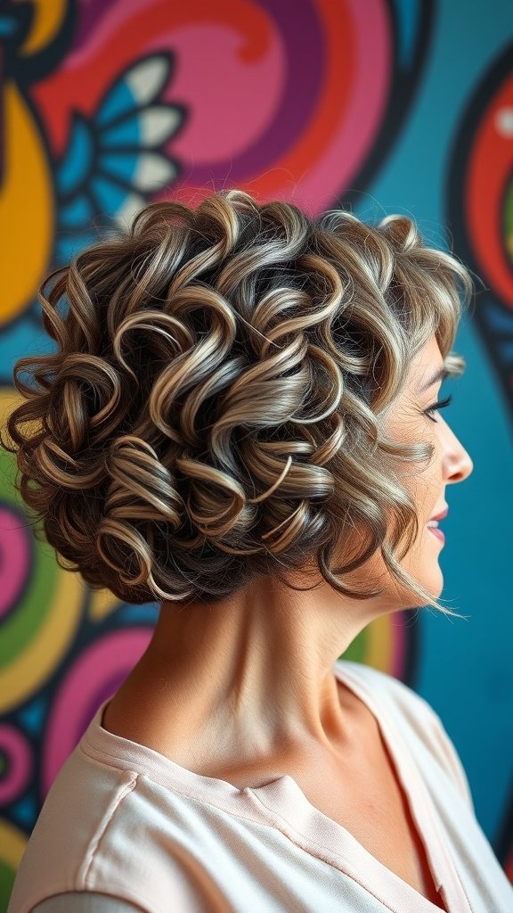 A woman with a stacked curly bob hairstyle, showcasing defined curls against a colorful background.