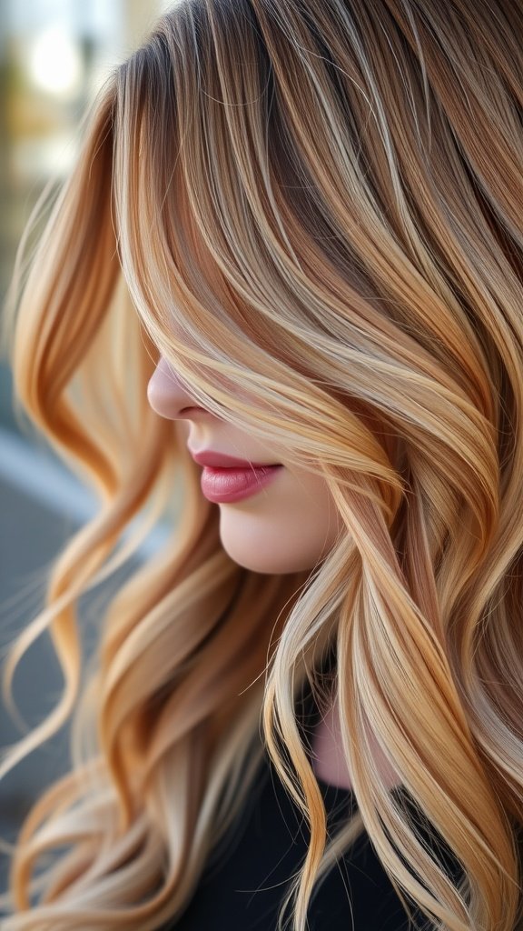 A close-up of wavy strawberry blonde hair with rose gold highlights, styled elegantly.