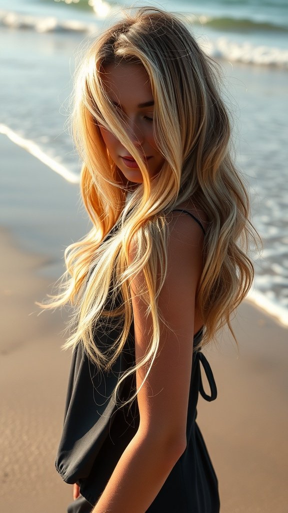 A woman with sun-kissed beach waves and dark roots standing by the shore.