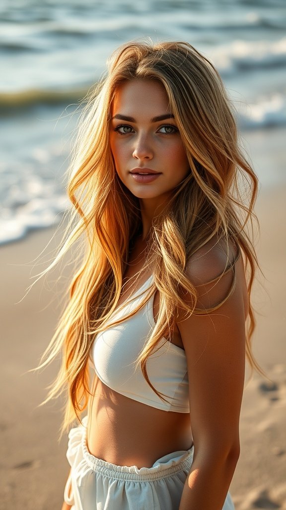A young woman with sun-kissed caramel highlights and beachy waves, standing on the beach.