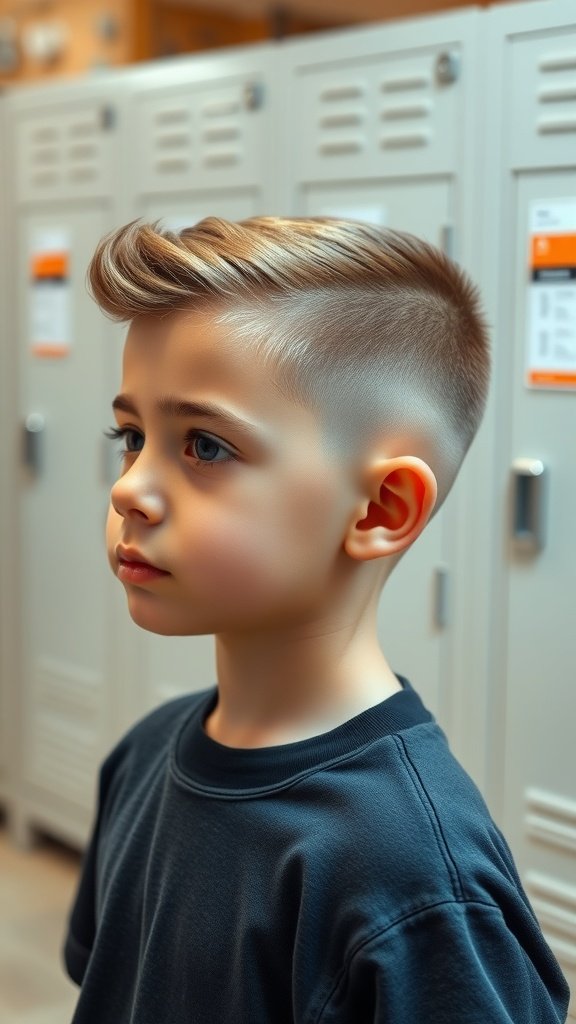 A young boy with a tapered undercut hairstyle, showcasing a clean fade and styled hair on top.