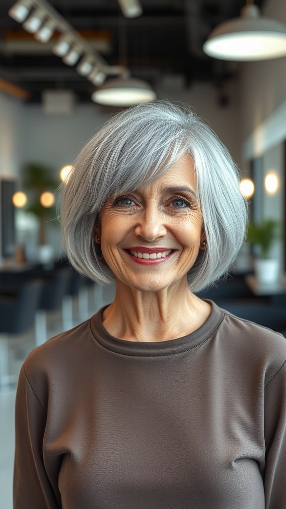 A smiling older woman with a textured choppy bob hairstyle in a modern setting.