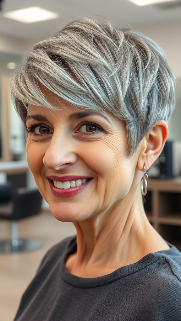 A woman with a textured gray pixie haircut and side-swept bangs, smiling confidently.