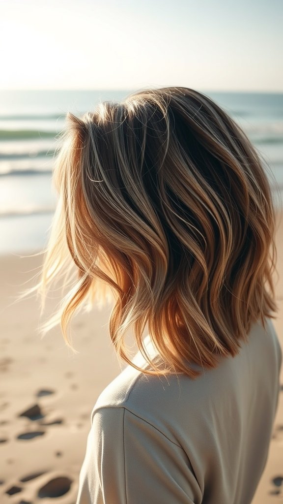 A woman with a textured lob hairstyle featuring beachy waves, standing by the ocean.