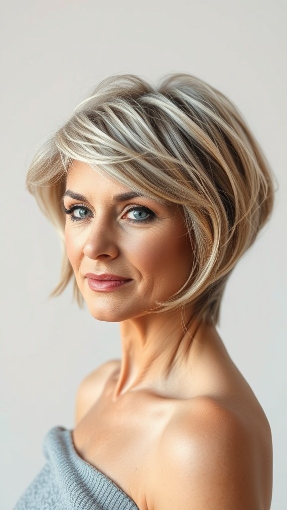 Textured pixie hairstyle with choppy layers on an older woman