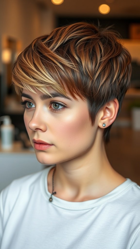 A woman with a textured pixie haircut featuring highlighted ends, showcasing a stylish and modern look.