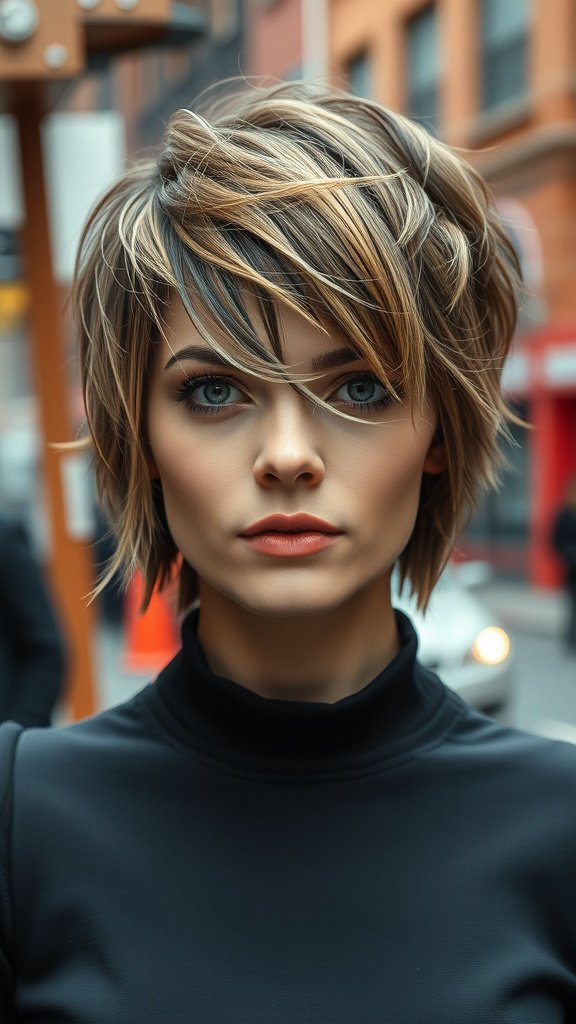 A woman with a textured pixie cut and long wispy bangs, showcasing a stylish and modern hairstyle.