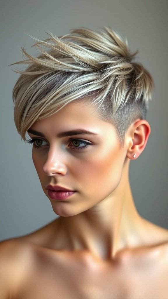 A woman with a textured pixie haircut featuring a subtle undercut, showcasing a stylish and modern look.