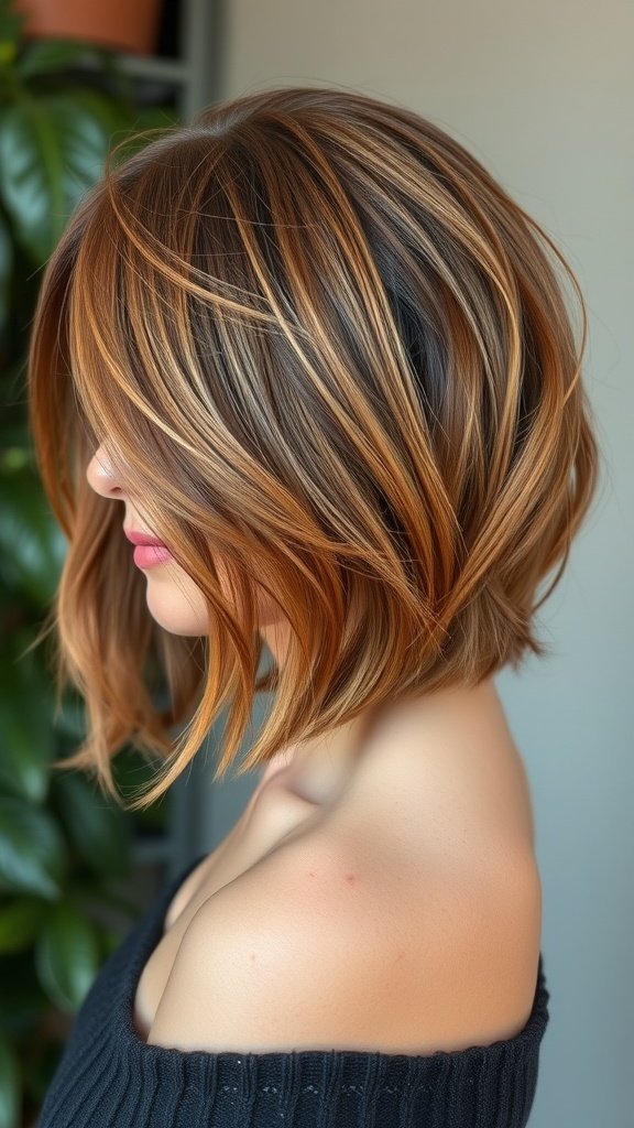 A woman with a textured shag haircut featuring subtle auburn highlights, showcasing movement and dimension.