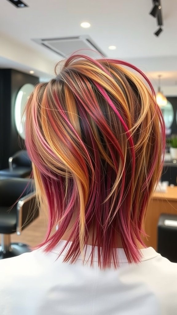 A back view of a texturized-layered shag haircut with vibrant colors.