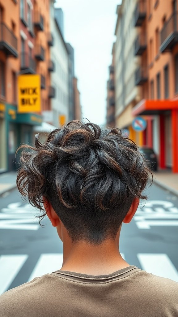 A person with a tight curled wolf cut, viewed from the back, in an urban setting.