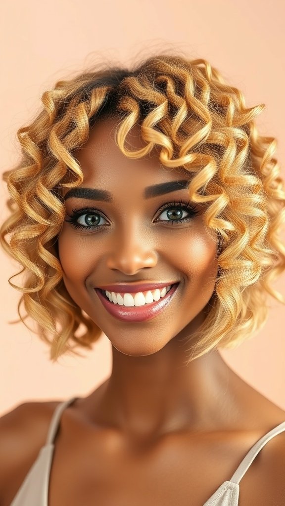 A woman with a tightly coiled honey blonde bob hairstyle, smiling against a soft peach background.