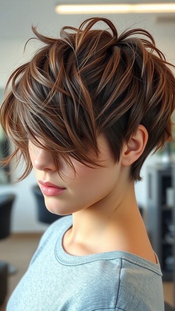 A woman with a tousled pixie cut, showcasing short layers and a textured look.