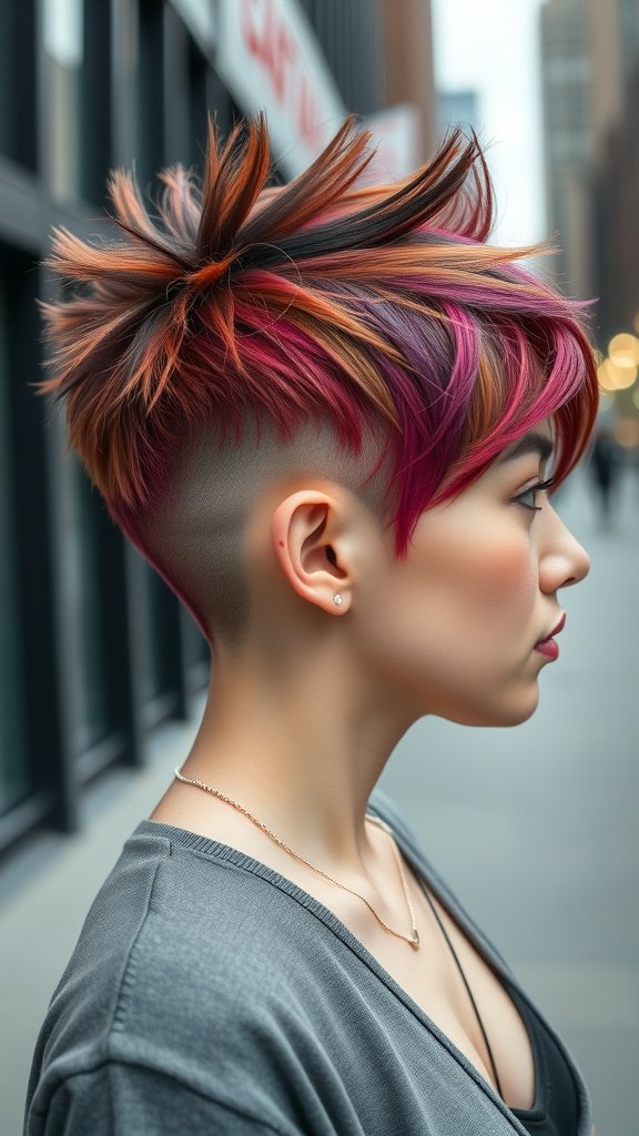 A woman with an undercut layered pixie hairstyle featuring a faux hawk, showcasing vibrant colors and a confident look.
